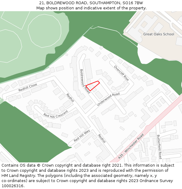 21, BOLDREWOOD ROAD, SOUTHAMPTON, SO16 7BW: Location map and indicative extent of plot