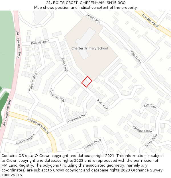 21, BOLTS CROFT, CHIPPENHAM, SN15 3GQ: Location map and indicative extent of plot