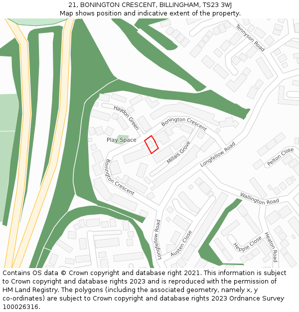 21, BONINGTON CRESCENT, BILLINGHAM, TS23 3WJ: Location map and indicative extent of plot