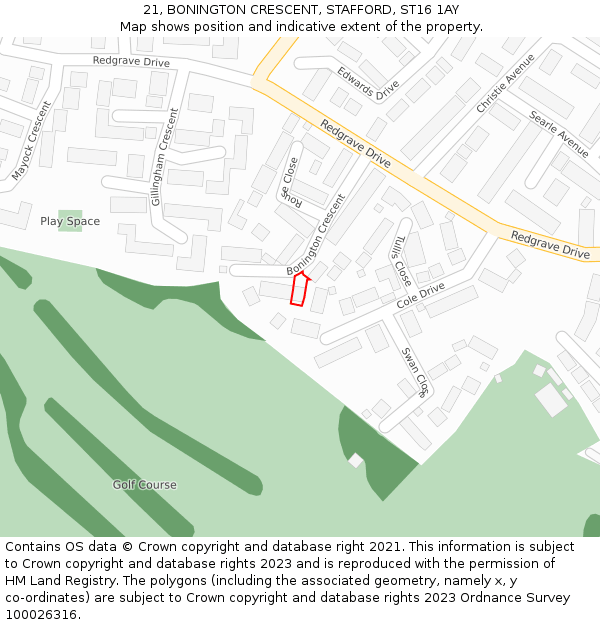 21, BONINGTON CRESCENT, STAFFORD, ST16 1AY: Location map and indicative extent of plot