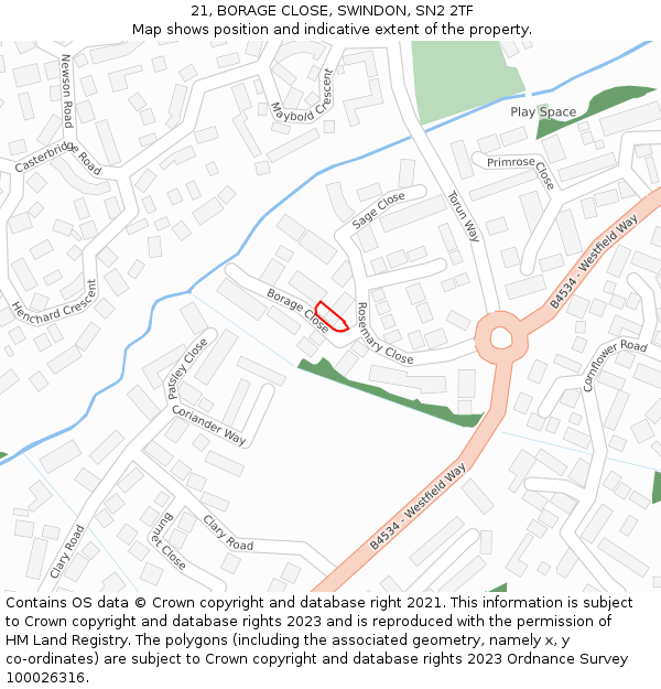 21, BORAGE CLOSE, SWINDON, SN2 2TF: Location map and indicative extent of plot