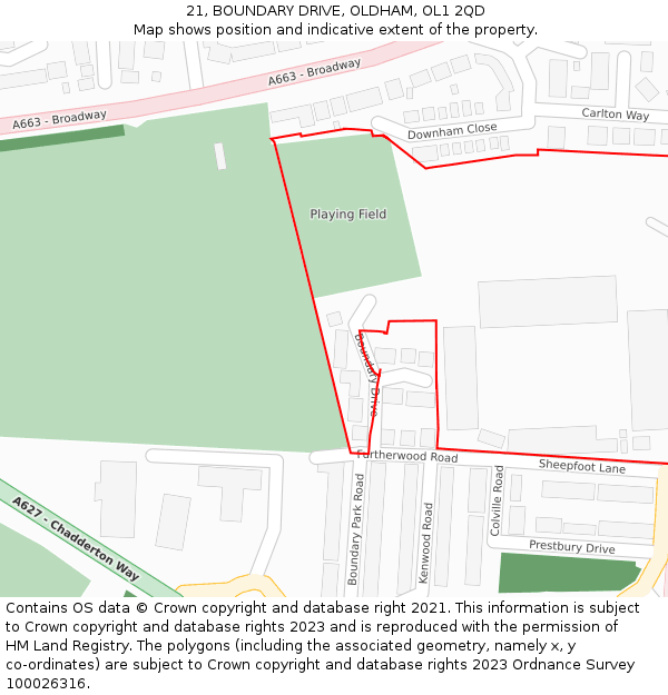 21, BOUNDARY DRIVE, OLDHAM, OL1 2QD: Location map and indicative extent of plot