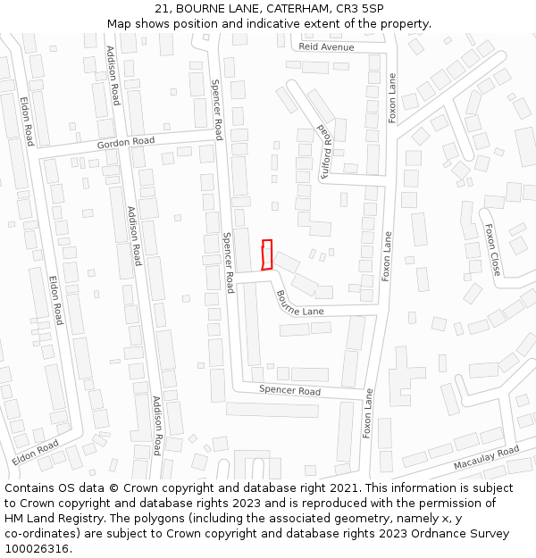 21, BOURNE LANE, CATERHAM, CR3 5SP: Location map and indicative extent of plot