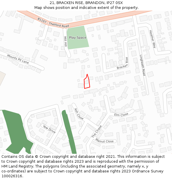 21, BRACKEN RISE, BRANDON, IP27 0SX: Location map and indicative extent of plot