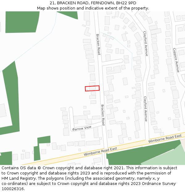 21, BRACKEN ROAD, FERNDOWN, BH22 9PD: Location map and indicative extent of plot