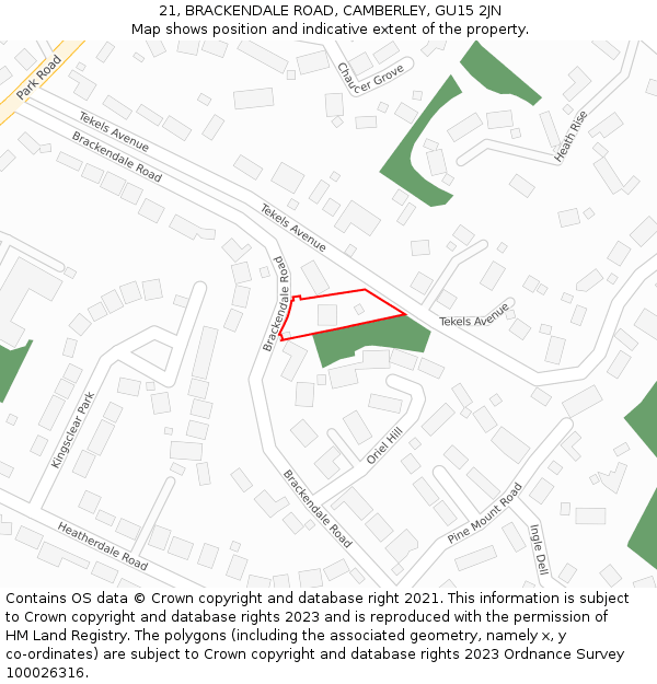 21, BRACKENDALE ROAD, CAMBERLEY, GU15 2JN: Location map and indicative extent of plot