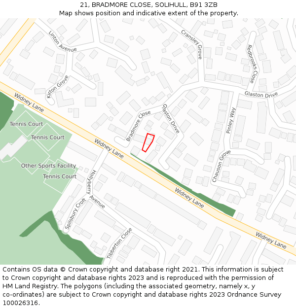 21, BRADMORE CLOSE, SOLIHULL, B91 3ZB: Location map and indicative extent of plot