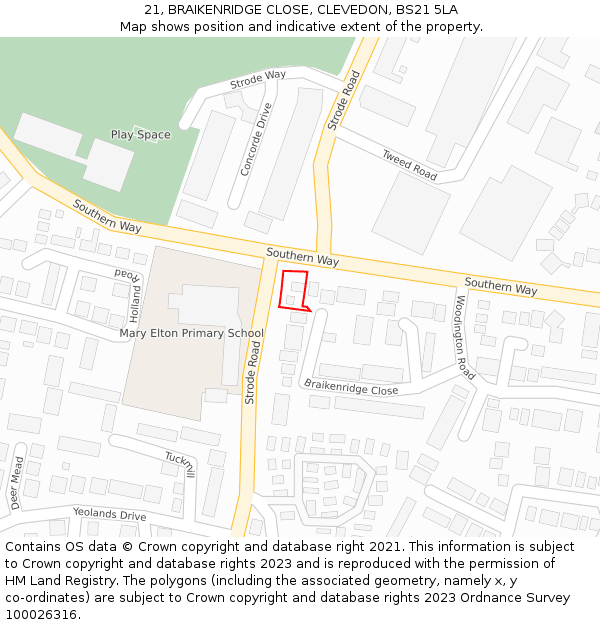 21, BRAIKENRIDGE CLOSE, CLEVEDON, BS21 5LA: Location map and indicative extent of plot
