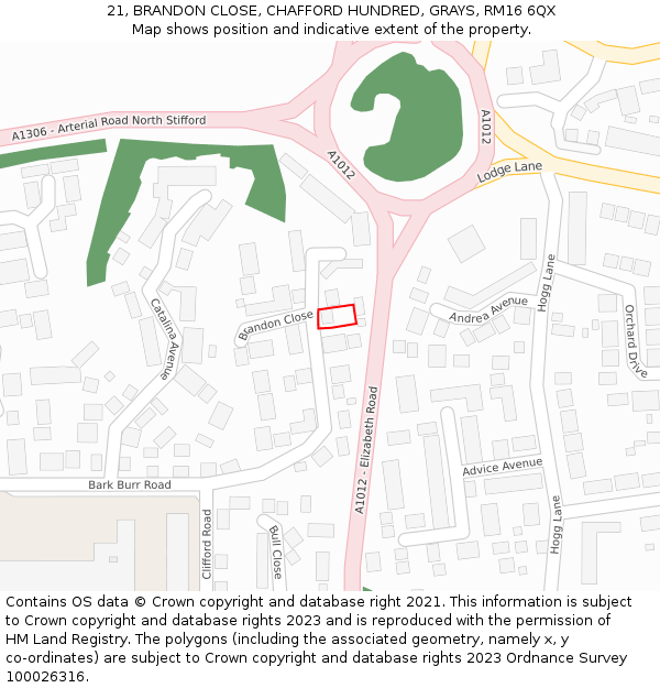 21, BRANDON CLOSE, CHAFFORD HUNDRED, GRAYS, RM16 6QX: Location map and indicative extent of plot