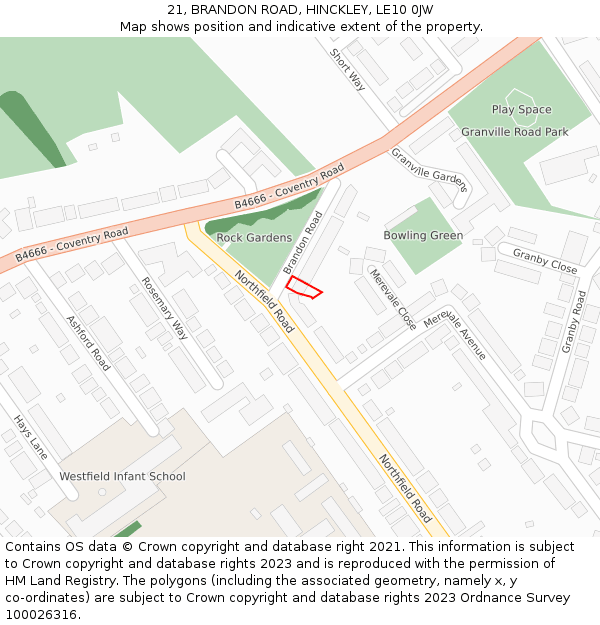 21, BRANDON ROAD, HINCKLEY, LE10 0JW: Location map and indicative extent of plot