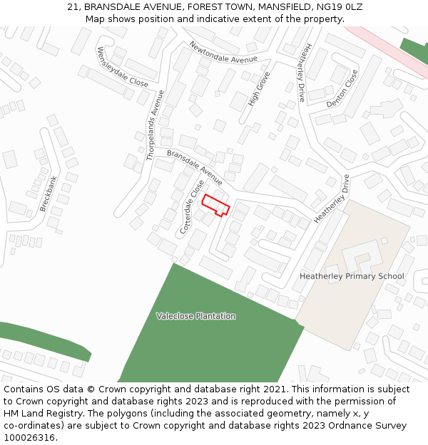 21, BRANSDALE AVENUE, FOREST TOWN, MANSFIELD, NG19 0LZ: Location map and indicative extent of plot