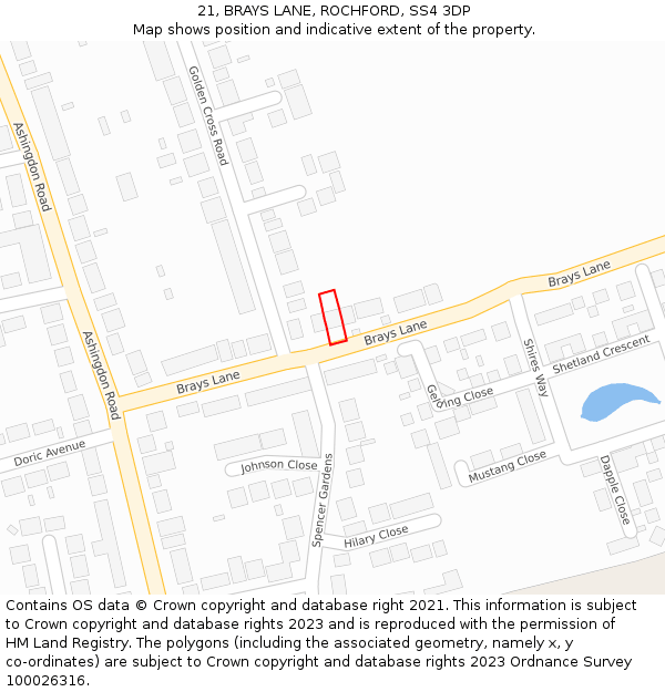 21, BRAYS LANE, ROCHFORD, SS4 3DP: Location map and indicative extent of plot