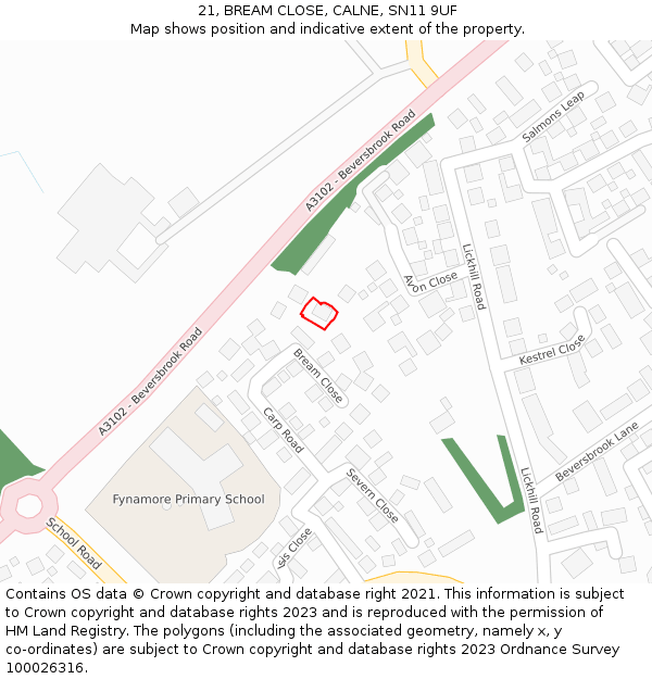 21, BREAM CLOSE, CALNE, SN11 9UF: Location map and indicative extent of plot