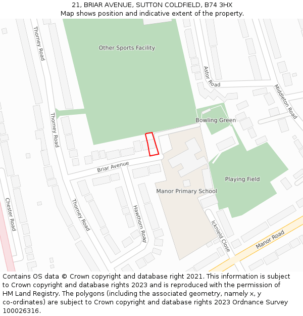 21, BRIAR AVENUE, SUTTON COLDFIELD, B74 3HX: Location map and indicative extent of plot