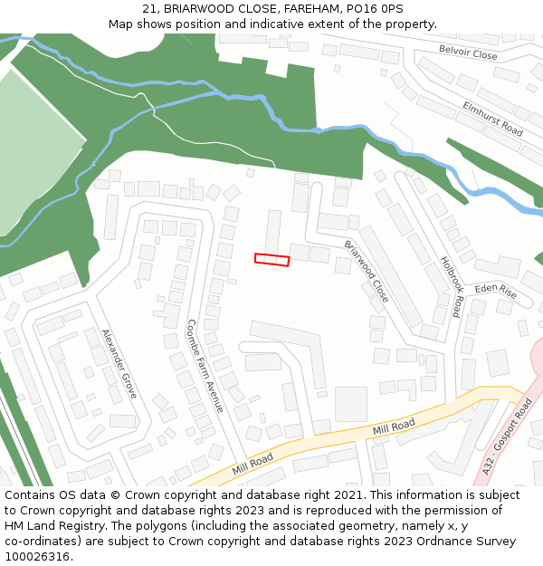21, BRIARWOOD CLOSE, FAREHAM, PO16 0PS: Location map and indicative extent of plot