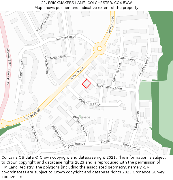 21, BRICKMAKERS LANE, COLCHESTER, CO4 5WW: Location map and indicative extent of plot