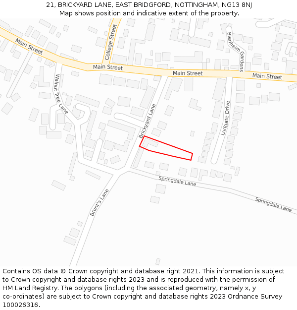 21, BRICKYARD LANE, EAST BRIDGFORD, NOTTINGHAM, NG13 8NJ: Location map and indicative extent of plot