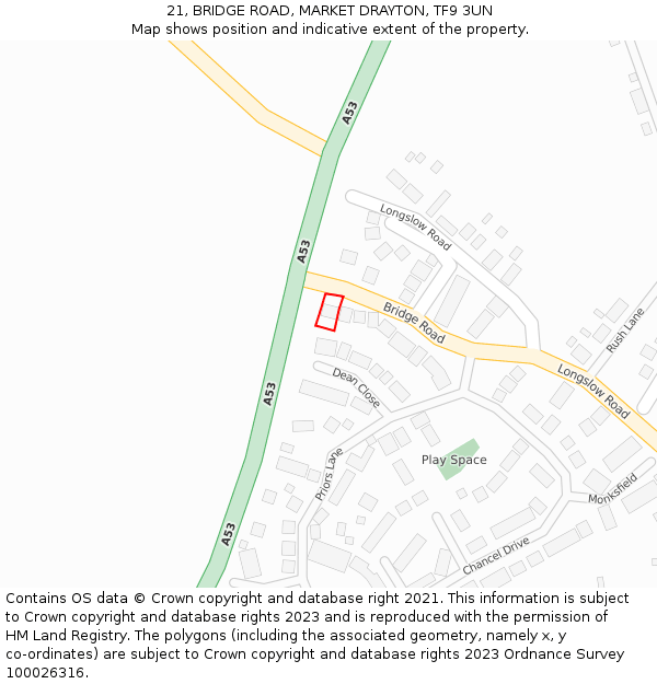 21, BRIDGE ROAD, MARKET DRAYTON, TF9 3UN: Location map and indicative extent of plot