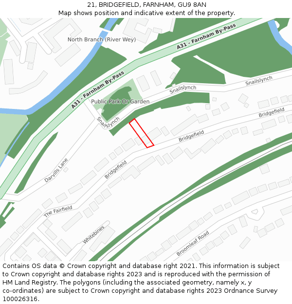 21, BRIDGEFIELD, FARNHAM, GU9 8AN: Location map and indicative extent of plot