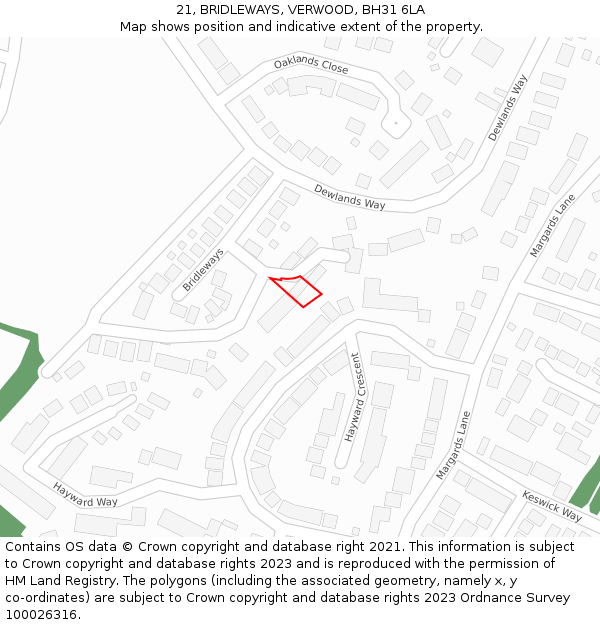 21, BRIDLEWAYS, VERWOOD, BH31 6LA: Location map and indicative extent of plot