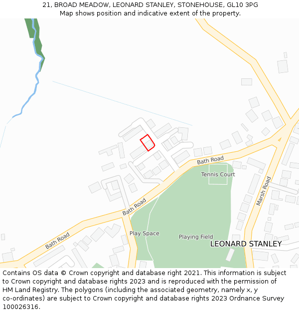 21, BROAD MEADOW, LEONARD STANLEY, STONEHOUSE, GL10 3PG: Location map and indicative extent of plot