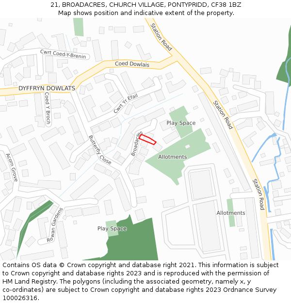 21, BROADACRES, CHURCH VILLAGE, PONTYPRIDD, CF38 1BZ: Location map and indicative extent of plot