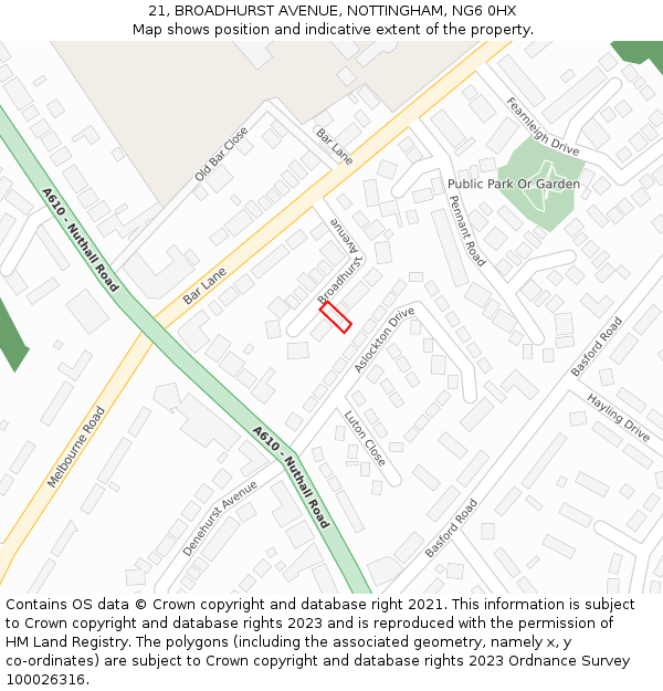 21, BROADHURST AVENUE, NOTTINGHAM, NG6 0HX: Location map and indicative extent of plot