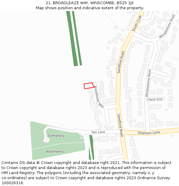 21, BROADLEAZE WAY, WINSCOMBE, BS25 1JX: Location map and indicative extent of plot