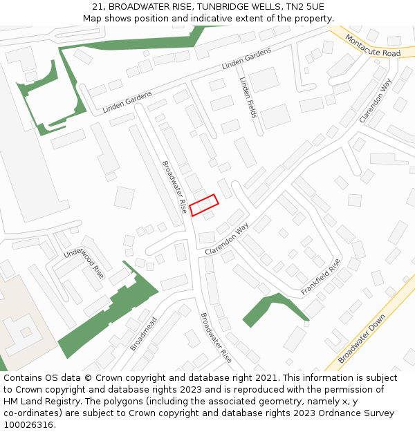 21, BROADWATER RISE, TUNBRIDGE WELLS, TN2 5UE: Location map and indicative extent of plot