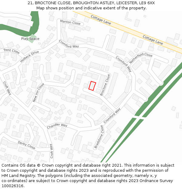 21, BROCTONE CLOSE, BROUGHTON ASTLEY, LEICESTER, LE9 6XX: Location map and indicative extent of plot