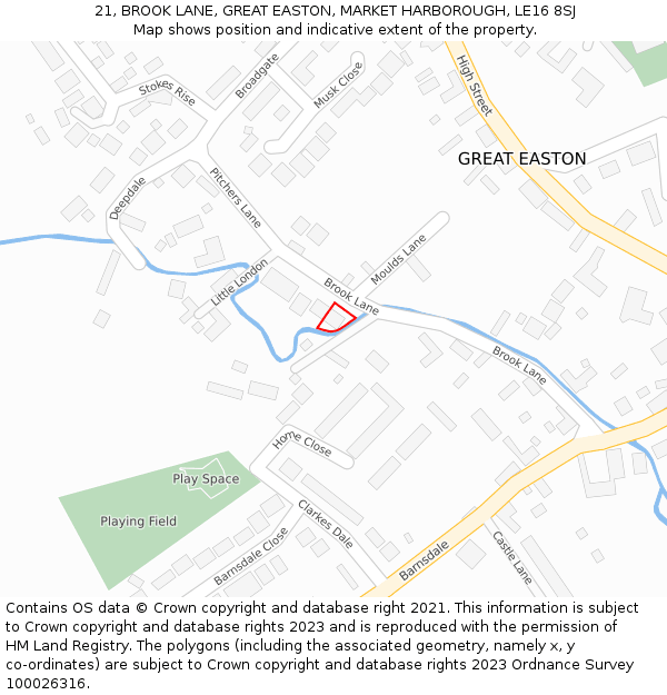 21, BROOK LANE, GREAT EASTON, MARKET HARBOROUGH, LE16 8SJ: Location map and indicative extent of plot