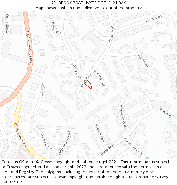 21, BROOK ROAD, IVYBRIDGE, PL21 0AX: Location map and indicative extent of plot