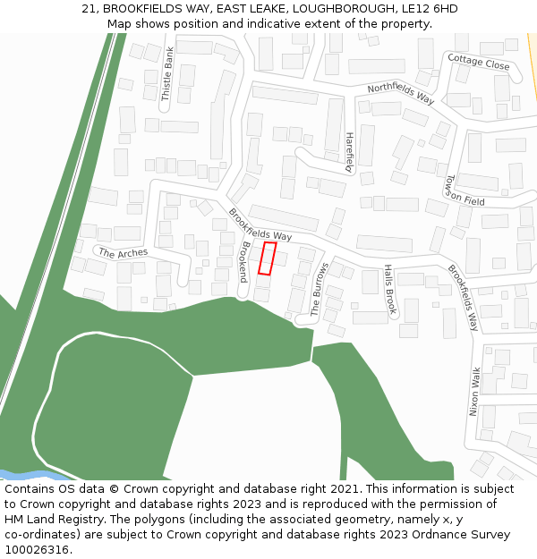 21, BROOKFIELDS WAY, EAST LEAKE, LOUGHBOROUGH, LE12 6HD: Location map and indicative extent of plot