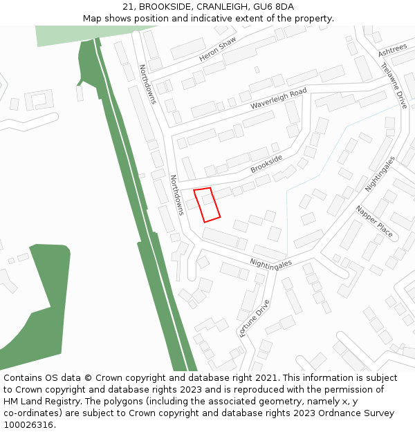 21, BROOKSIDE, CRANLEIGH, GU6 8DA: Location map and indicative extent of plot