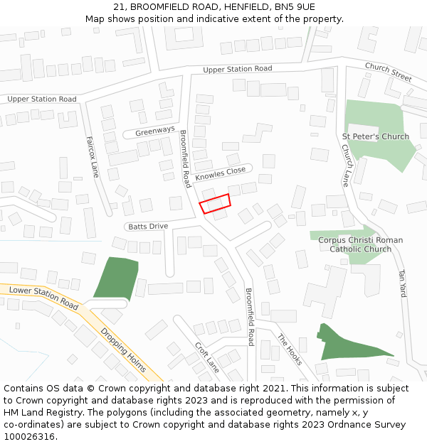 21, BROOMFIELD ROAD, HENFIELD, BN5 9UE: Location map and indicative extent of plot