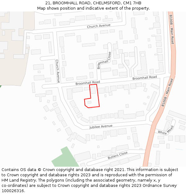 21, BROOMHALL ROAD, CHELMSFORD, CM1 7HB: Location map and indicative extent of plot