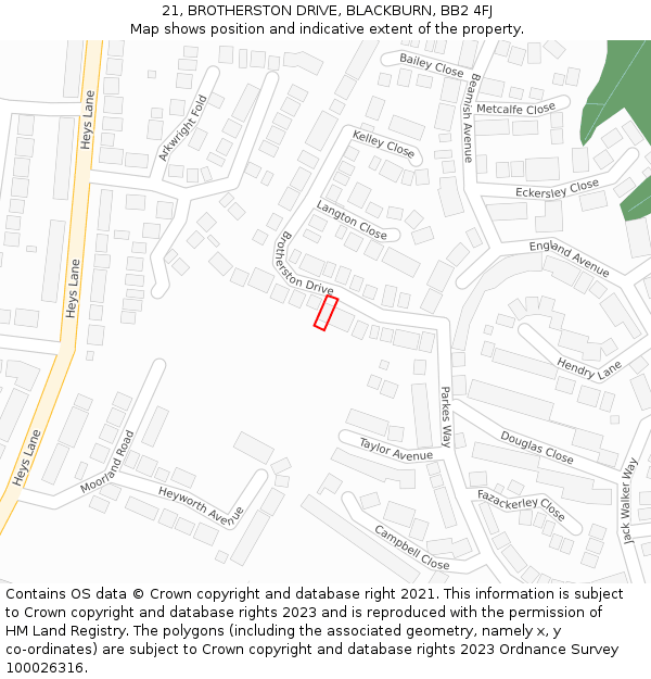21, BROTHERSTON DRIVE, BLACKBURN, BB2 4FJ: Location map and indicative extent of plot