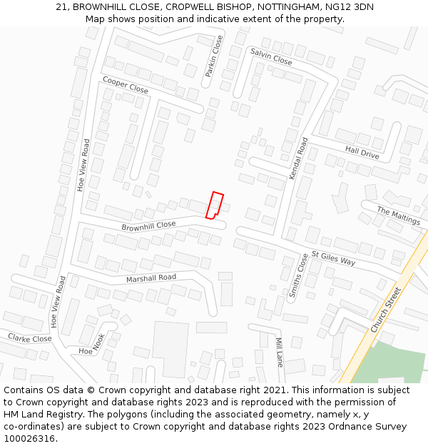 21, BROWNHILL CLOSE, CROPWELL BISHOP, NOTTINGHAM, NG12 3DN: Location map and indicative extent of plot