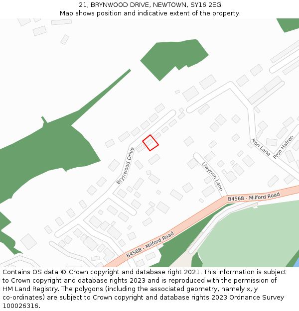 21, BRYNWOOD DRIVE, NEWTOWN, SY16 2EG: Location map and indicative extent of plot