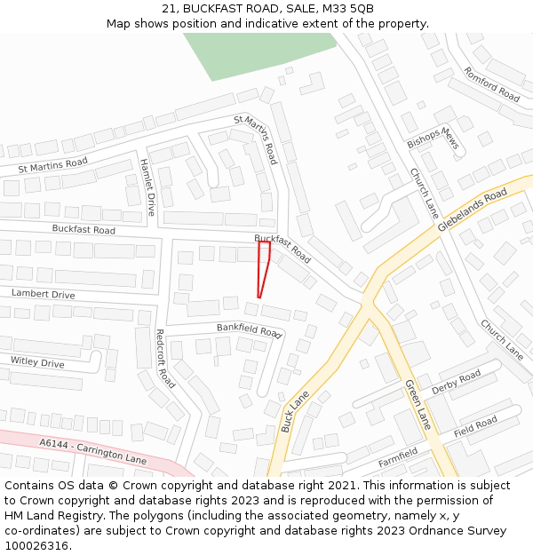 21, BUCKFAST ROAD, SALE, M33 5QB: Location map and indicative extent of plot