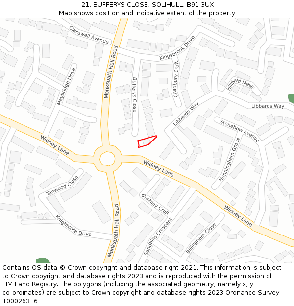 21, BUFFERYS CLOSE, SOLIHULL, B91 3UX: Location map and indicative extent of plot