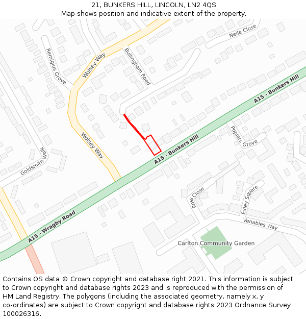 21, BUNKERS HILL, LINCOLN, LN2 4QS: Location map and indicative extent of plot