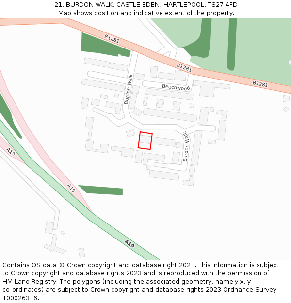 21, BURDON WALK, CASTLE EDEN, HARTLEPOOL, TS27 4FD: Location map and indicative extent of plot