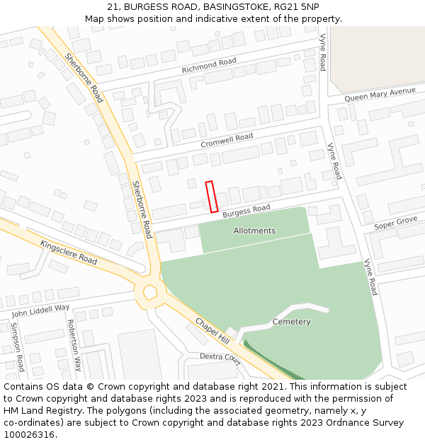 21, BURGESS ROAD, BASINGSTOKE, RG21 5NP: Location map and indicative extent of plot