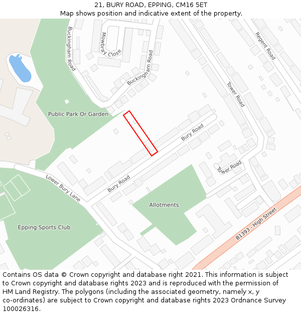 21, BURY ROAD, EPPING, CM16 5ET: Location map and indicative extent of plot