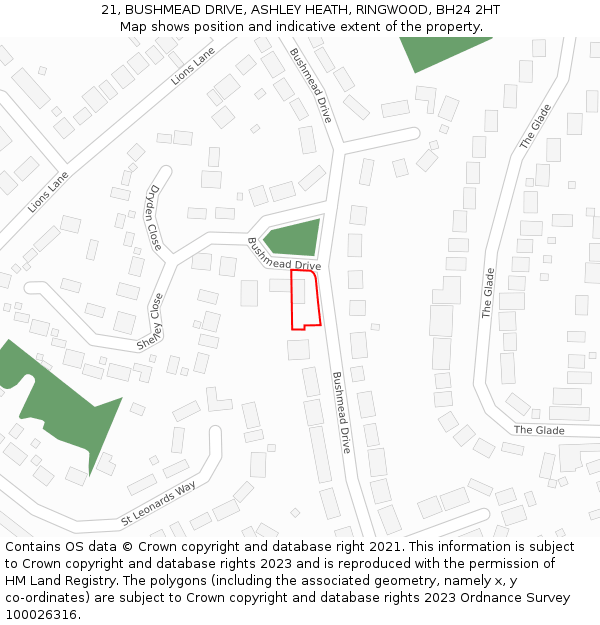 21, BUSHMEAD DRIVE, ASHLEY HEATH, RINGWOOD, BH24 2HT: Location map and indicative extent of plot