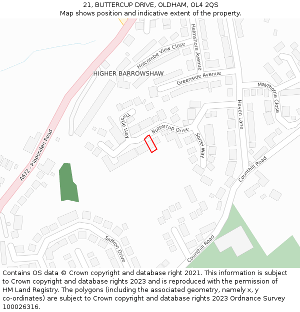 21, BUTTERCUP DRIVE, OLDHAM, OL4 2QS: Location map and indicative extent of plot