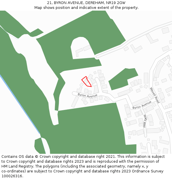 21, BYRON AVENUE, DEREHAM, NR19 2GW: Location map and indicative extent of plot