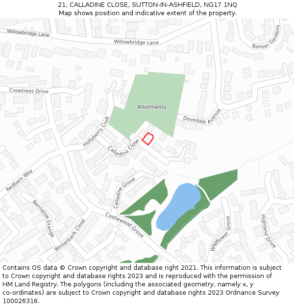 21, CALLADINE CLOSE, SUTTON-IN-ASHFIELD, NG17 1NQ: Location map and indicative extent of plot