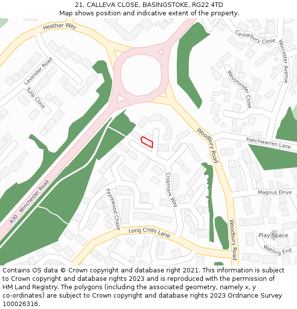 21, CALLEVA CLOSE, BASINGSTOKE, RG22 4TD: Location map and indicative extent of plot